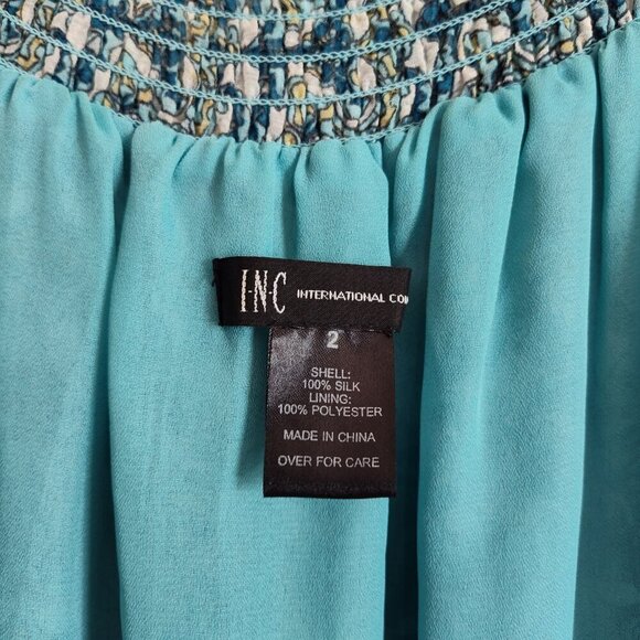 Ladies SZ 2 Inc Aqua Print Silk Peasant Top - Picture 5 of 5